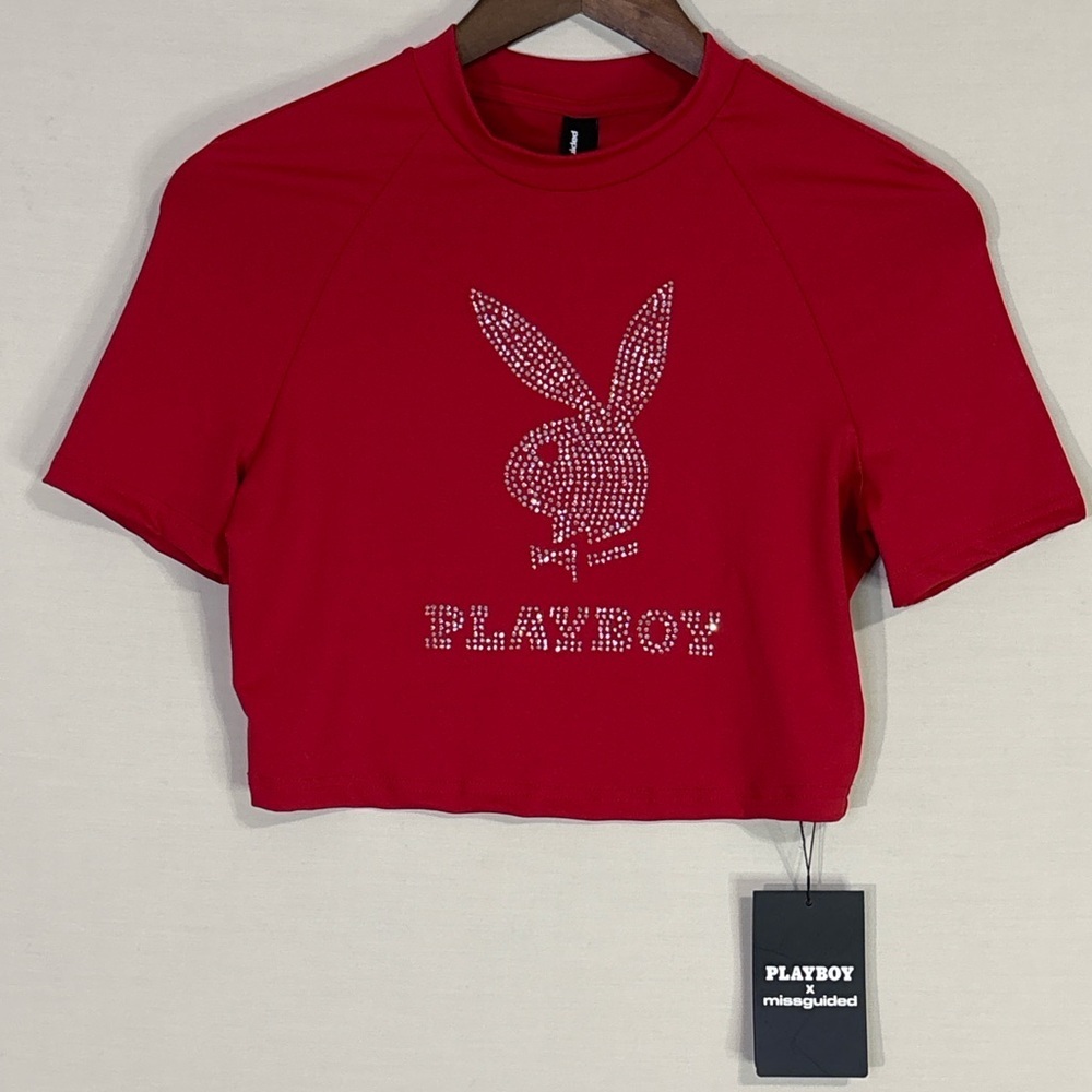 Playboy x Missguided Red Rhinestone Bunny Crop Top Y2K NWT Medium Sexy